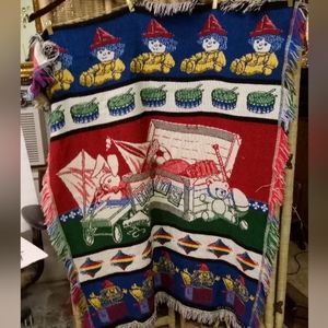 VINTAGE Crown Craft Cotton Woven Tapestry Throw Blanket Clowns,Wagon, Toys